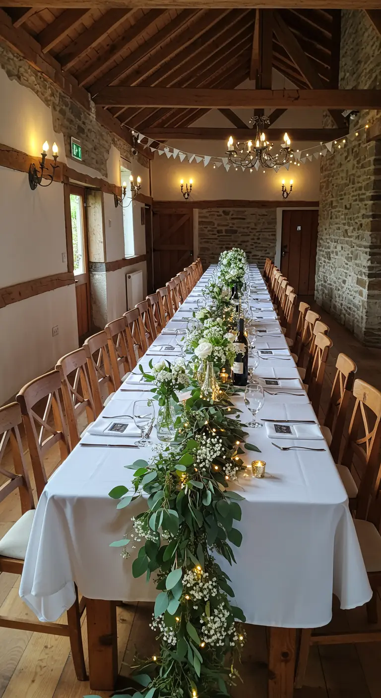 Guirlande d'eucalyptus et gypsophile avec des lumières LED sur une table de mariage.