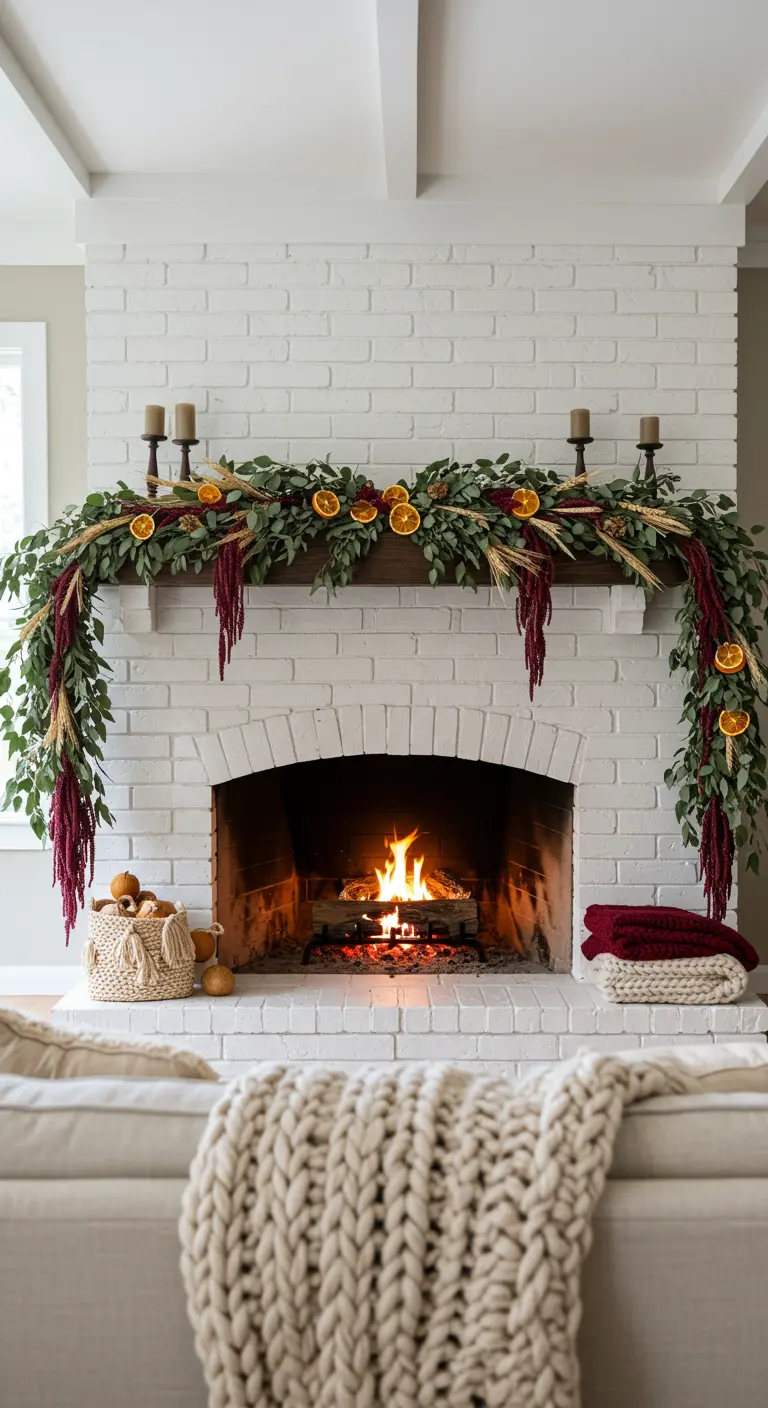 Cheminée en briques blanches décorée d'une guirlande de feuillage et fleurs séchées.