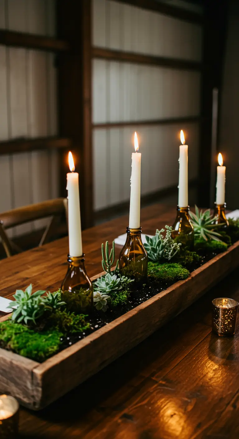 Jardinière en bois avec mousse, succulentes et longues bougies.