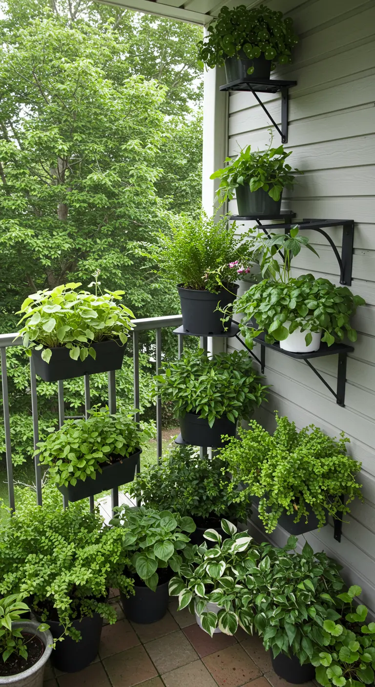 Coin de balcon ombragé rempli de plantes à feuillage vert luxuriant sur des étagères.