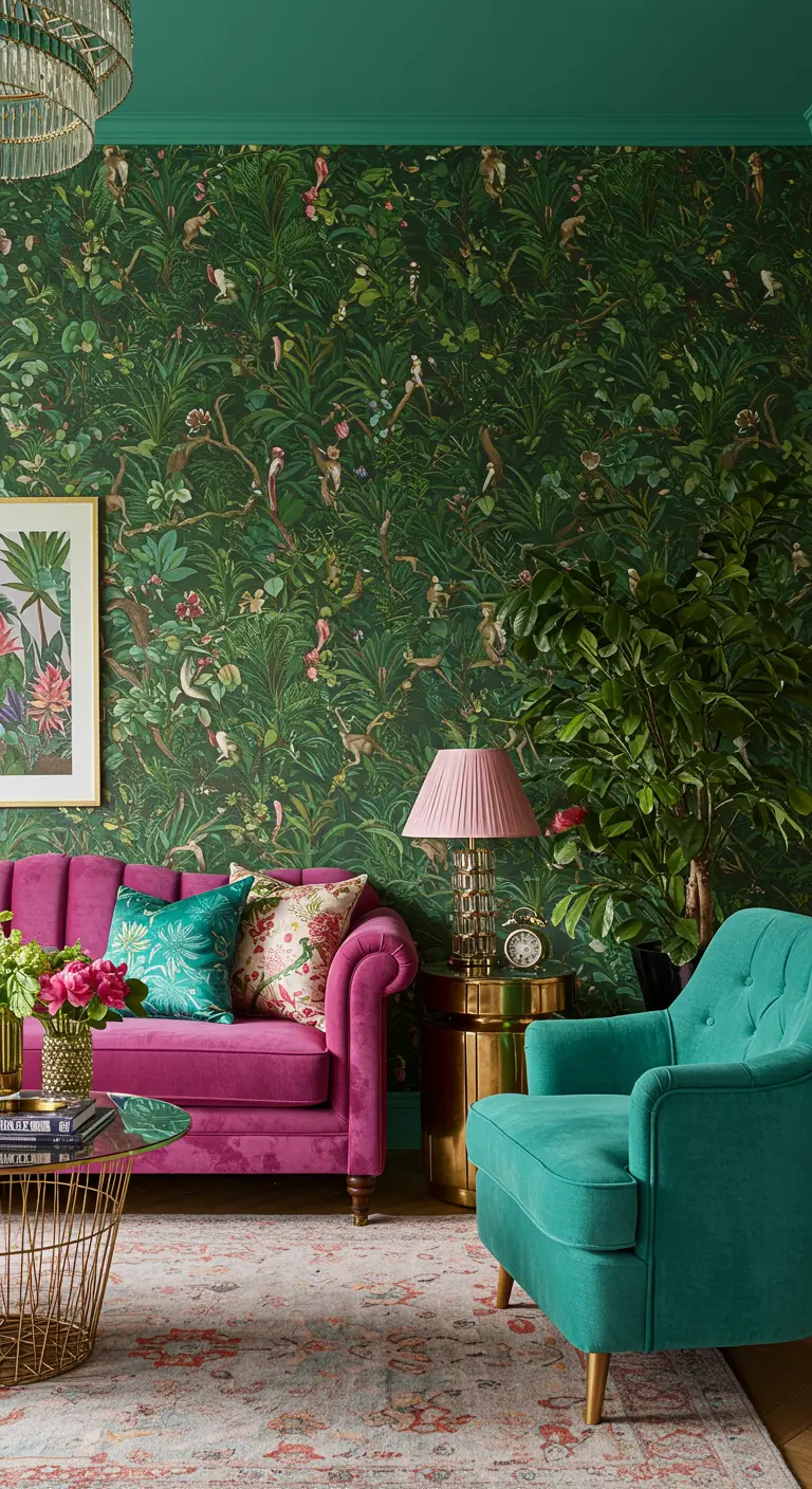 Mur d'accent avec papier peint jungle très coloré, un canapé fuchsia et un fauteuil turquoise.
