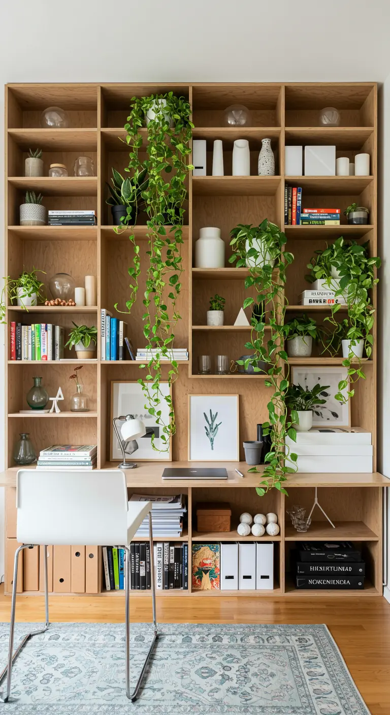 Grande bibliothèque en bois remplie de livres et de plantes retombantes, avec un bureau intégré.