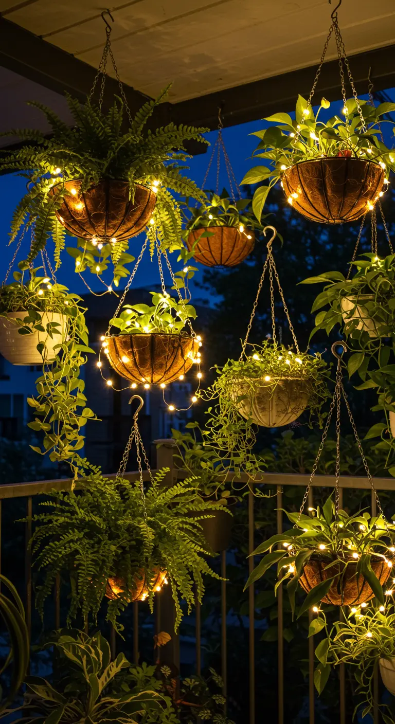Plusieurs paniers de plantes suspendues, chacun étant décoré d'une petite guirlande lumineuse.