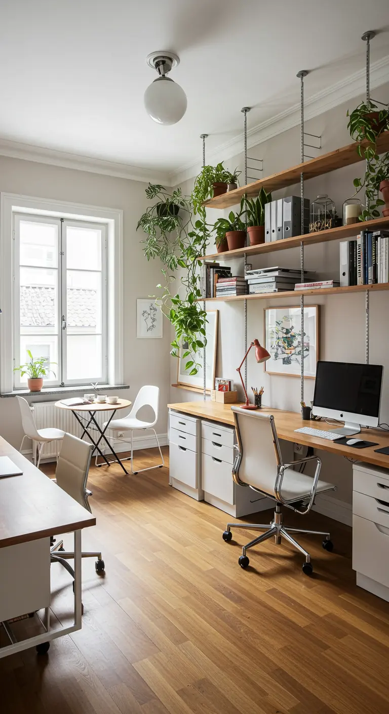 Bureau avec des étagères suspendues remplies de livres et de plantes vertes.