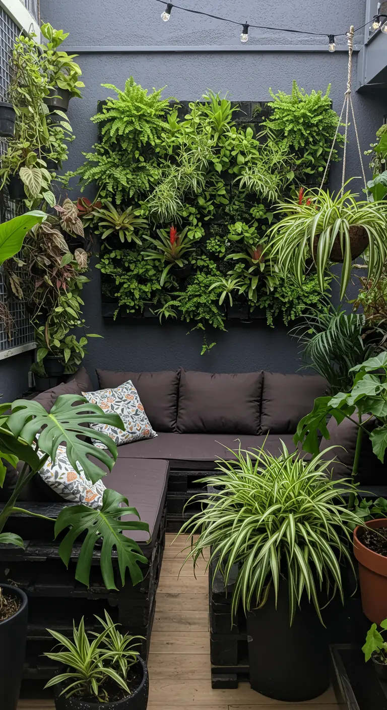 Patio luxuriant avec un canapé en palette foncée et un grand mur végétal.