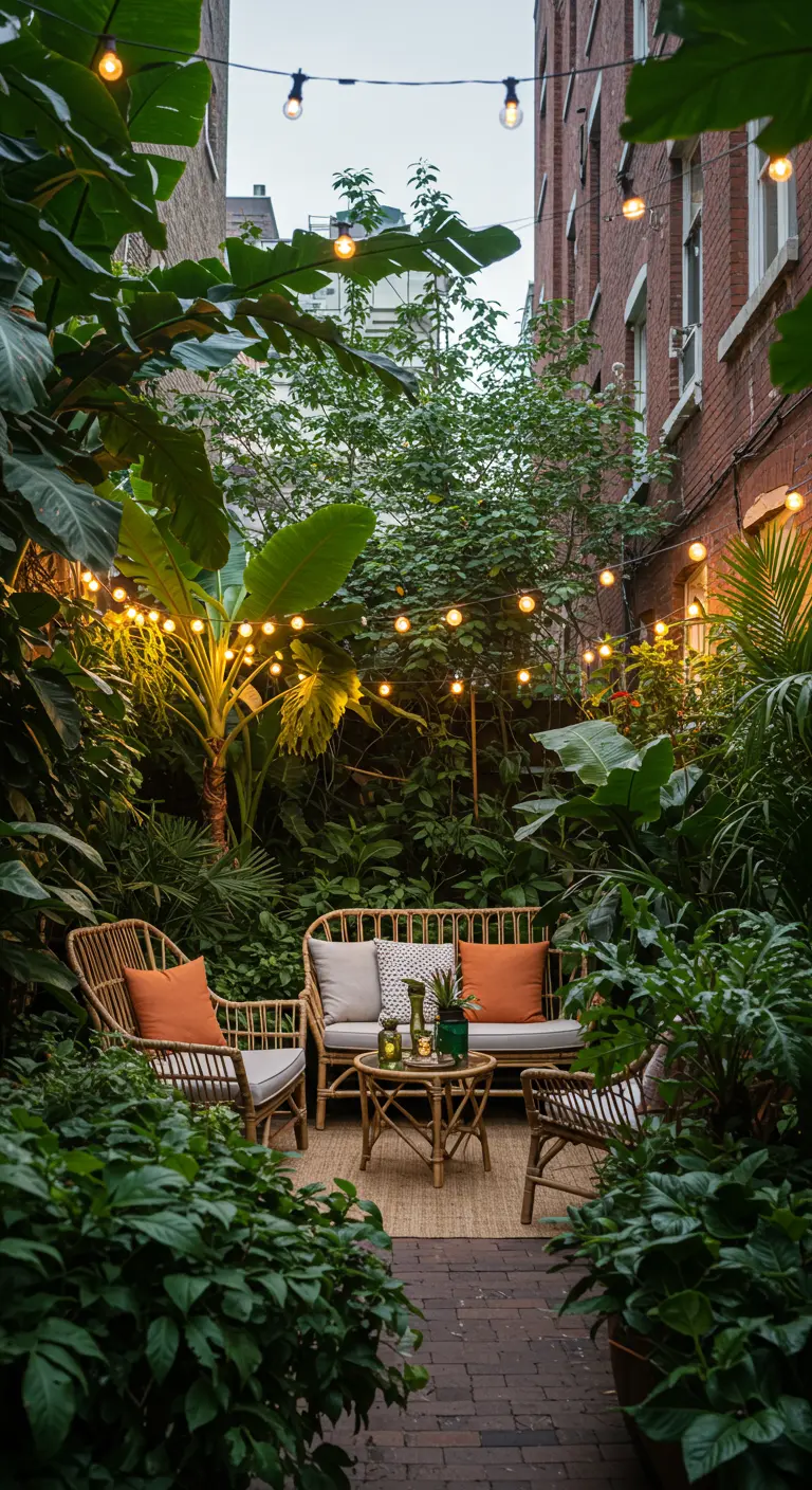Petite cour luxuriante avec du mobilier en rotin et une guirlande lumineuse.