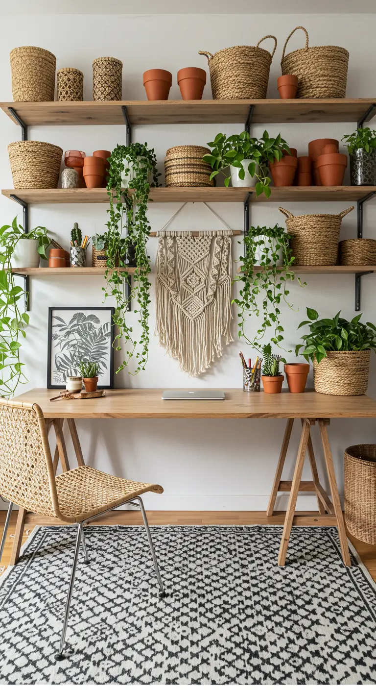 Bureau en bois sous des étagères remplies de plantes vertes, paniers et pots en terre cuite.