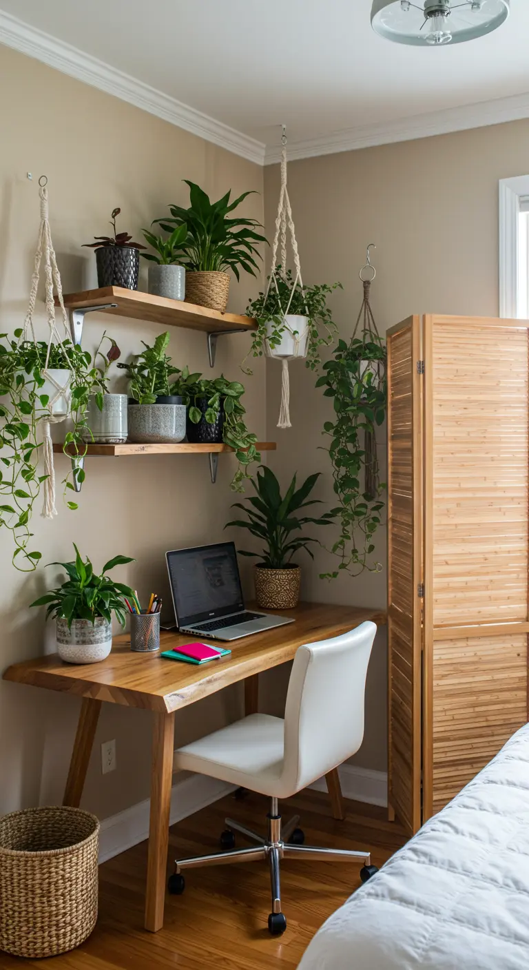 Coin bureau en bois entouré de nombreuses plantes vertes sur des étagères et en suspension.