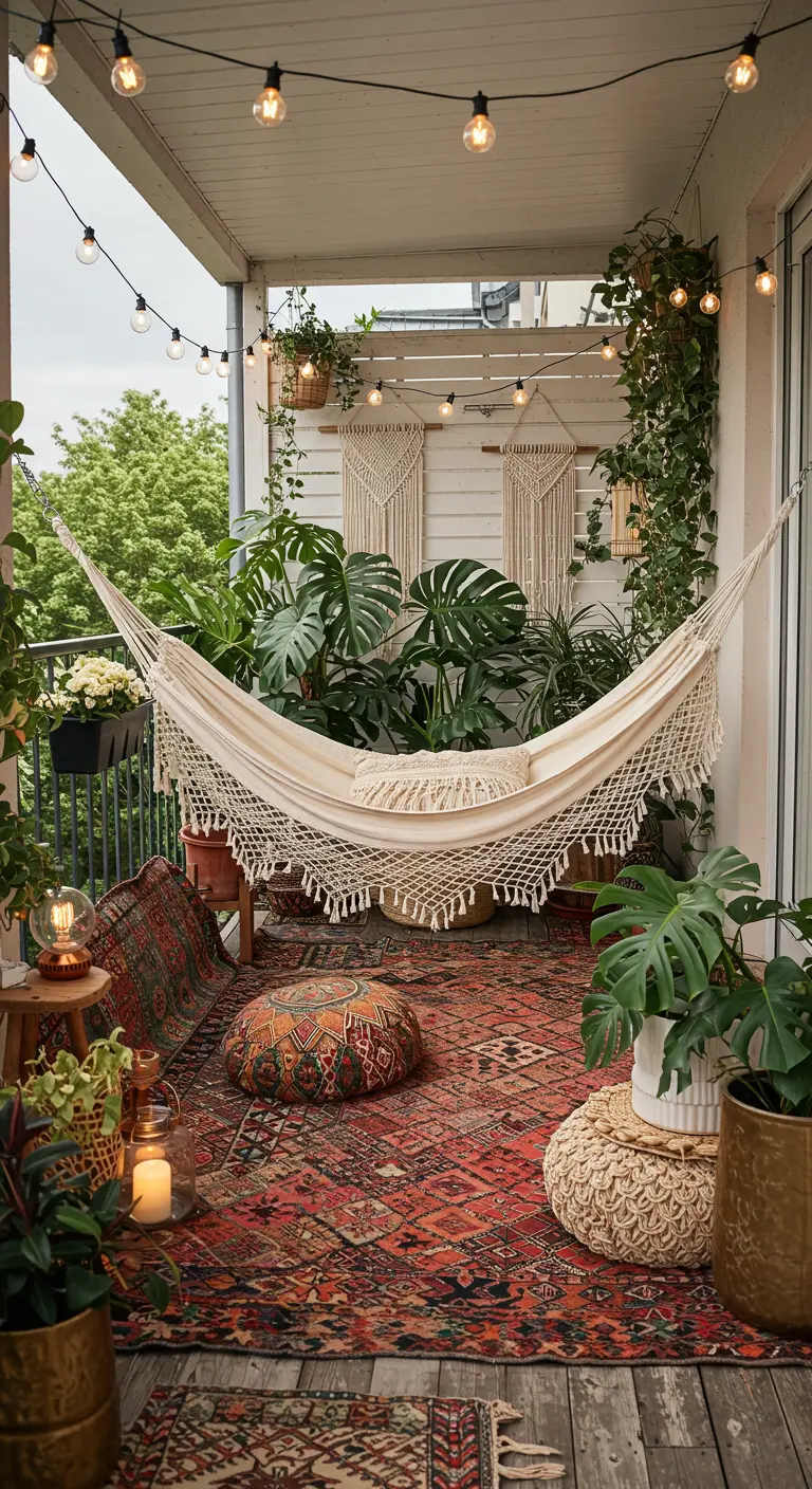 Balcon verdoyant avec hamac en macramé, plantes tropicales, et tapis persan.