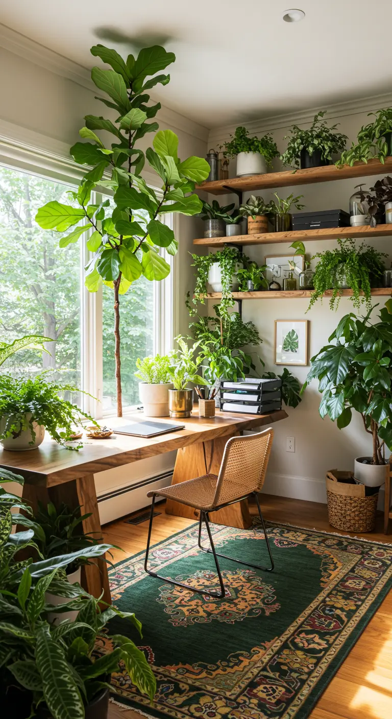 Bureau en bois devant une fenêtre, entouré d'une profusion de plantes vertes.