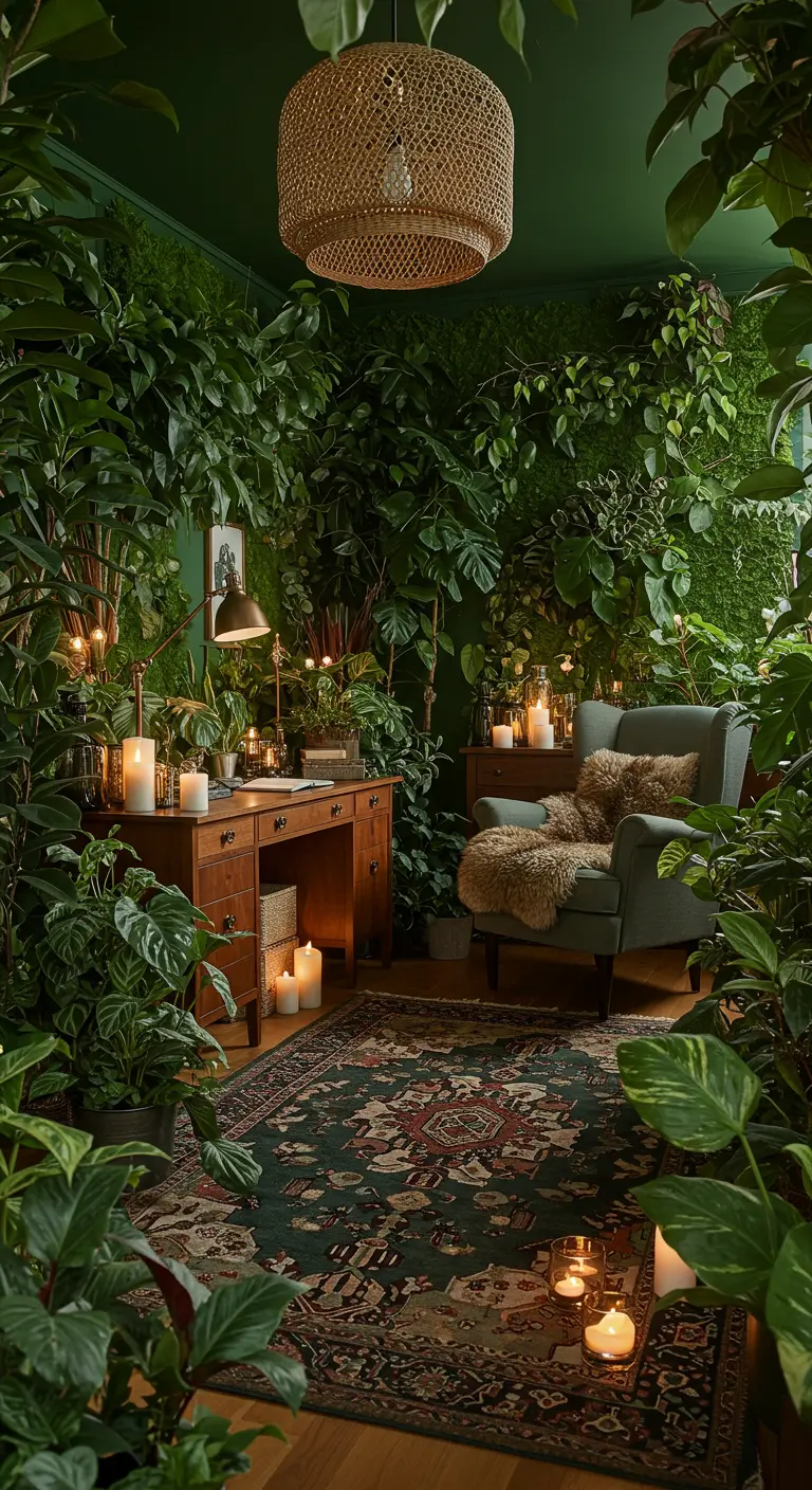 Bureau transformé en jungle urbaine avec de nombreuses plantes, murs végétaux et bougies.