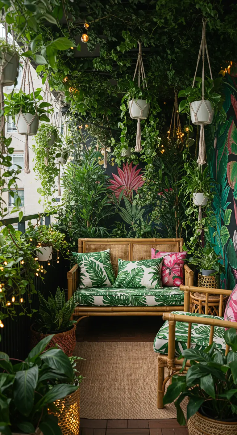Balcon transformé en jungle urbaine avec plantes grimpantes, suspensions et banquette en bambou.