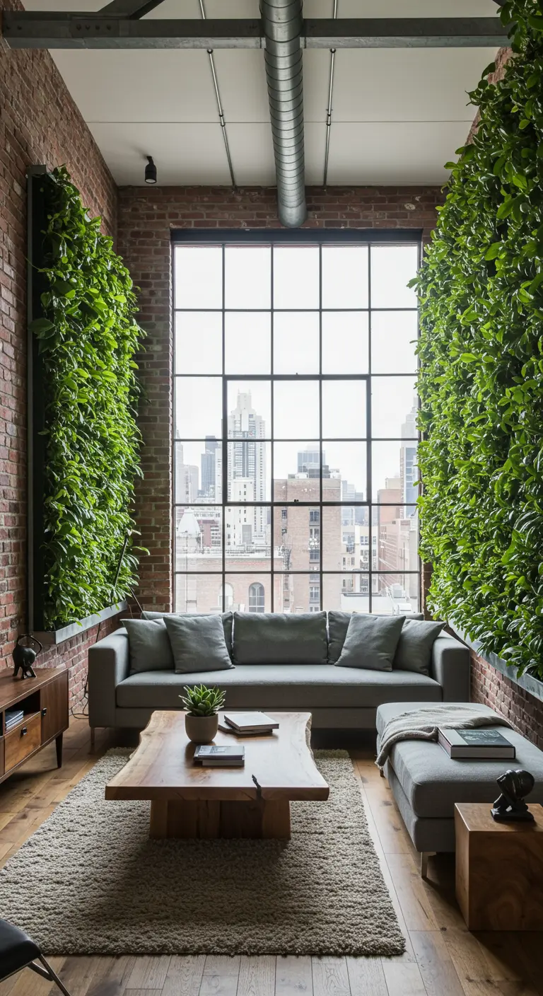 Loft industriel avec murs de briques, grande fenêtre et deux murs végétaux luxuriants.