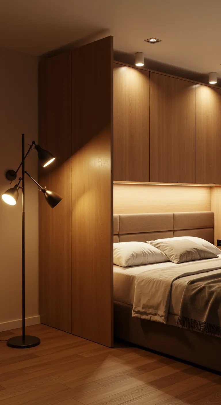 Lampadaire à trois têtes orientables éclairant un lit et un espace dressing.