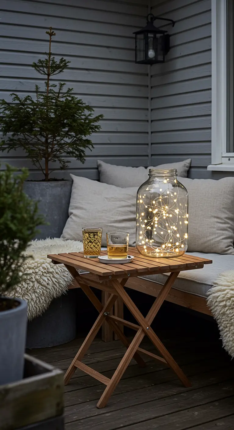 Gros bocal en verre rempli d'une guirlande lumineuse, posé sur une table en bois.