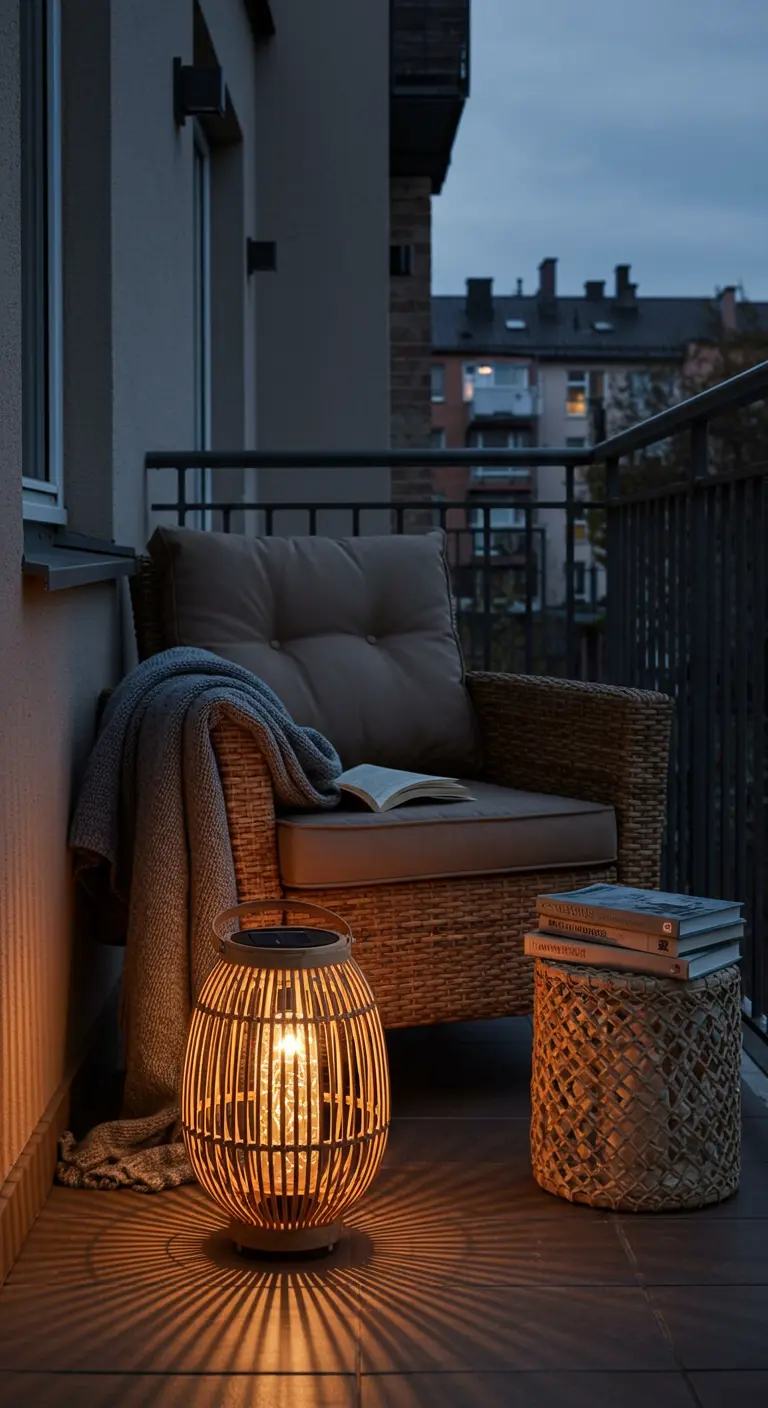 Lanterne solaire en bambou tressé posée au sol à côté d'un fauteuil en rotin.