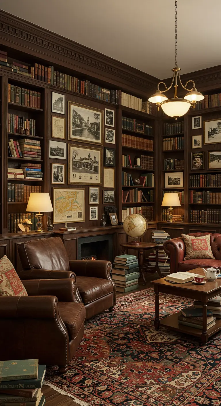 Bibliothèque sombre et élégante avec un mur de cadres de cartes et gravures anciennes.
