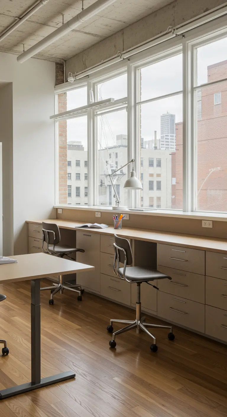 Long bureau en bois pour plusieurs personnes devant de grandes fenêtres avec vue sur la ville.