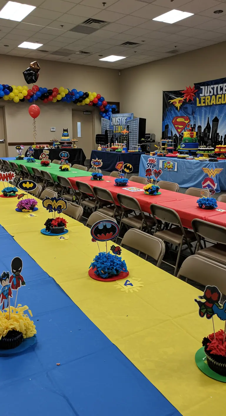 Tables colorées (rouge, bleu, jaune) avec centres de table de super-héros et ballons vifs.