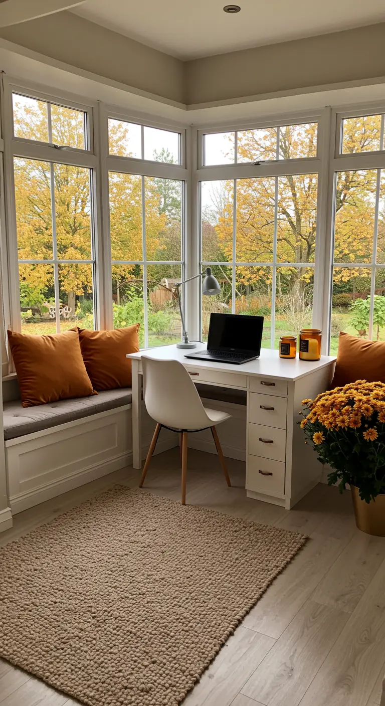 Bureau blanc installé dans un bow-window avec vue sur des arbres d'automne.
