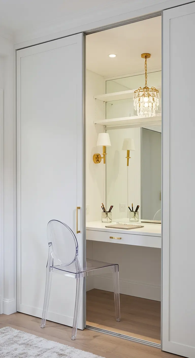 Bureau blanc et or dans un placard avec miroir, lustre et chaise transparente.