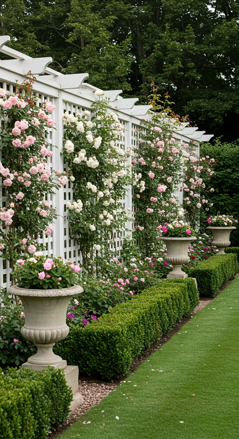 Longue palissade en treillis blanc couverte de rosiers grimpants roses et blancs, bordée de buis taillés.