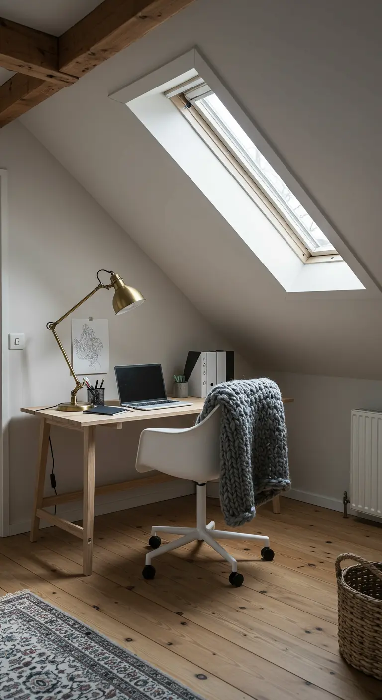 Bureau en bois clair sous une fenêtre de toit avec une lampe en laiton et un plaid gris.