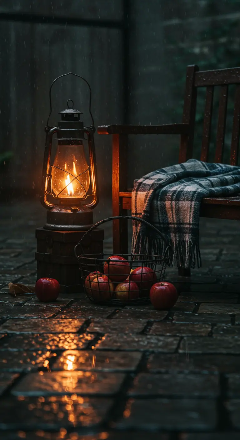 Lanterne à pétrole allumée sur une terrasse pavée et humide, à côté d'une chaise avec un plaid.