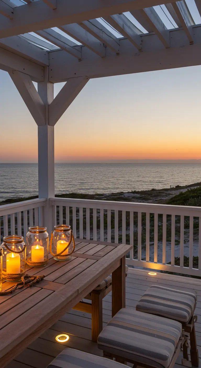 Table sur un porche en bois avec des lanternes contenant des bougies, vue sur l'océan.
