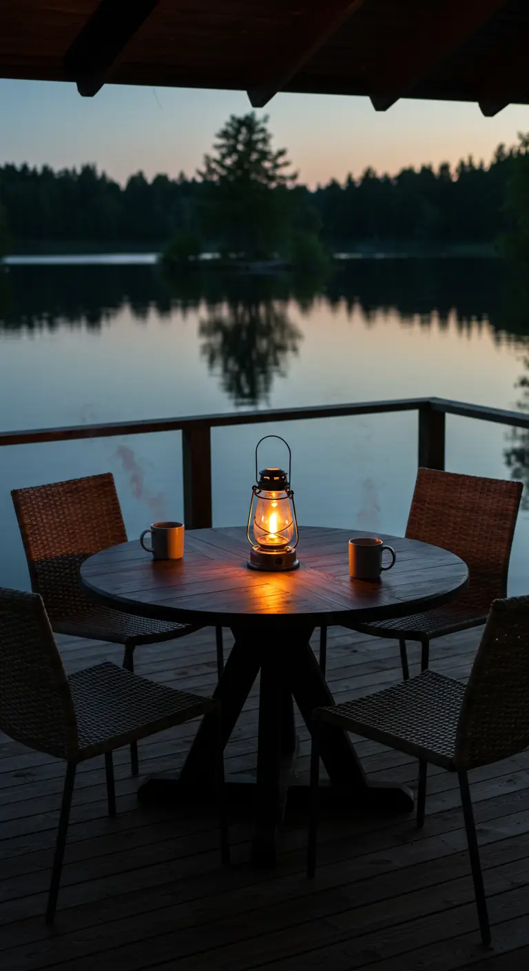 Table ronde en bois sur une terrasse au bord d'un lac, éclairée par une seule lanterne.