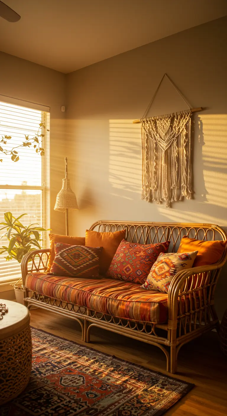 Canapé en rotin baigné dans la lumière dorée du soir, avec macramé mural et tapis oriental.