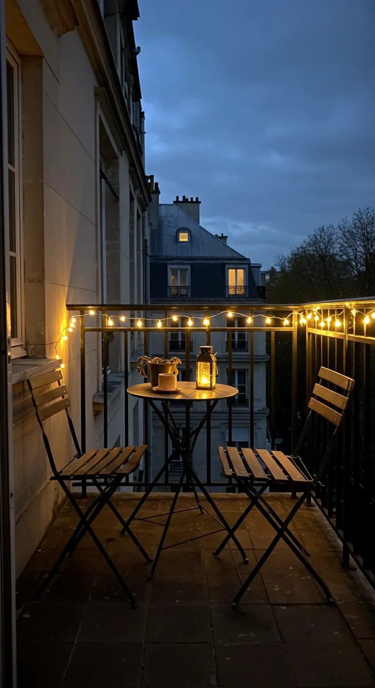 Petit balcon parisien au crépuscule avec des guirlandes lumineuses sur la balustrade.