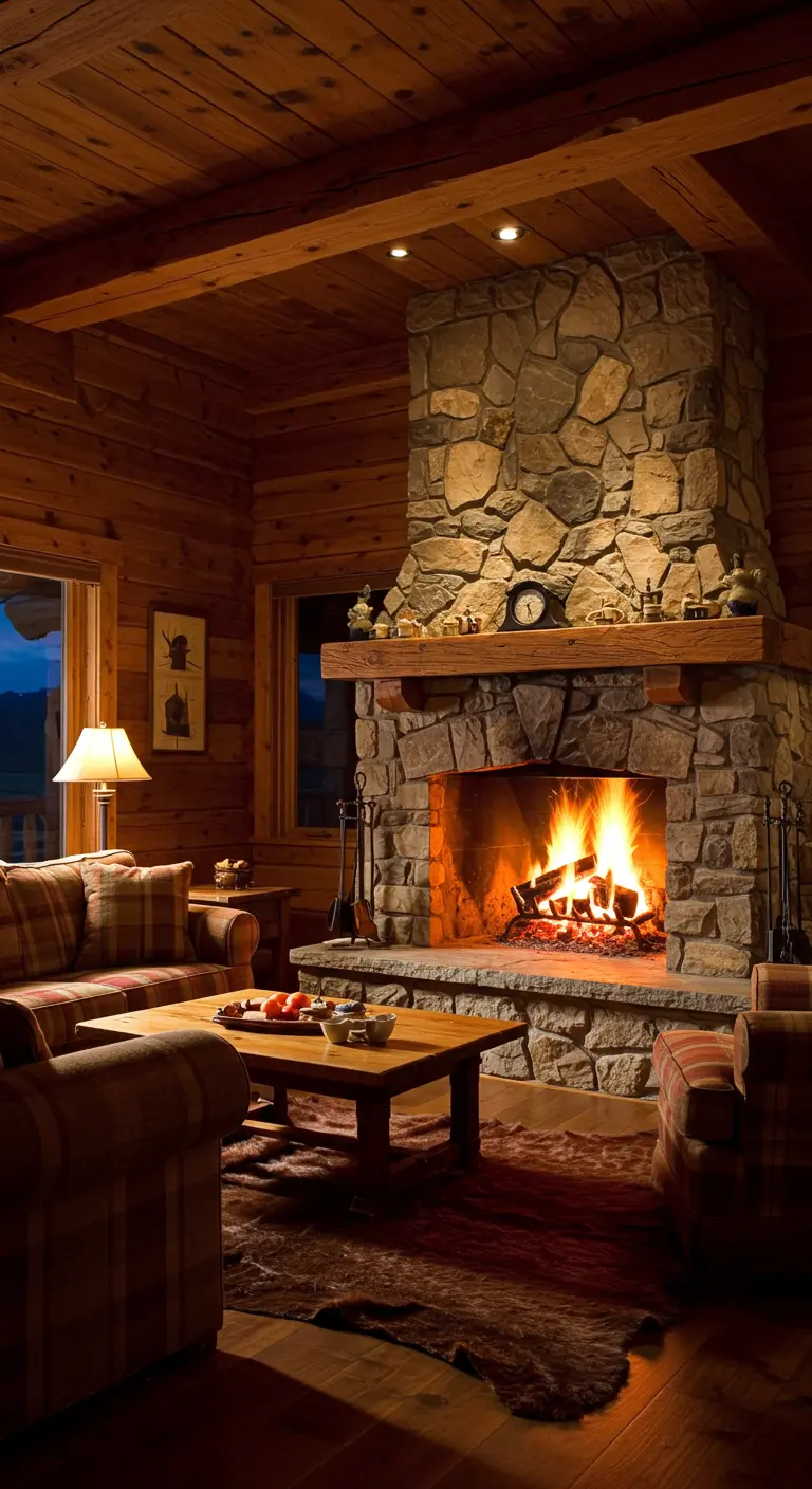 Un feu crépite dans une cheminée en pierre dans un salon en bois rustique.