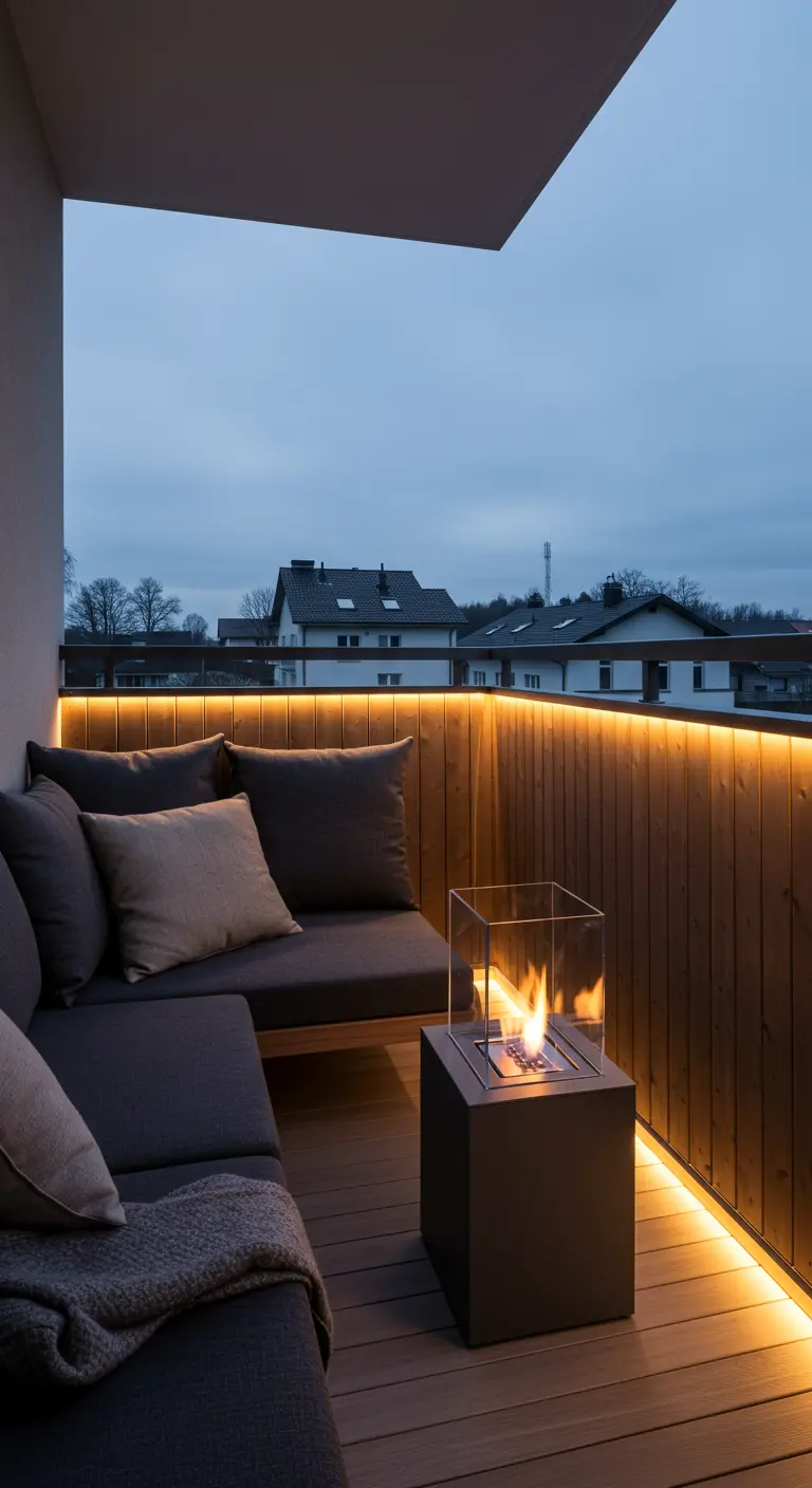 Balcon moderne avec canapé d'angle gris, éclairage LED intégré et braséro de table.