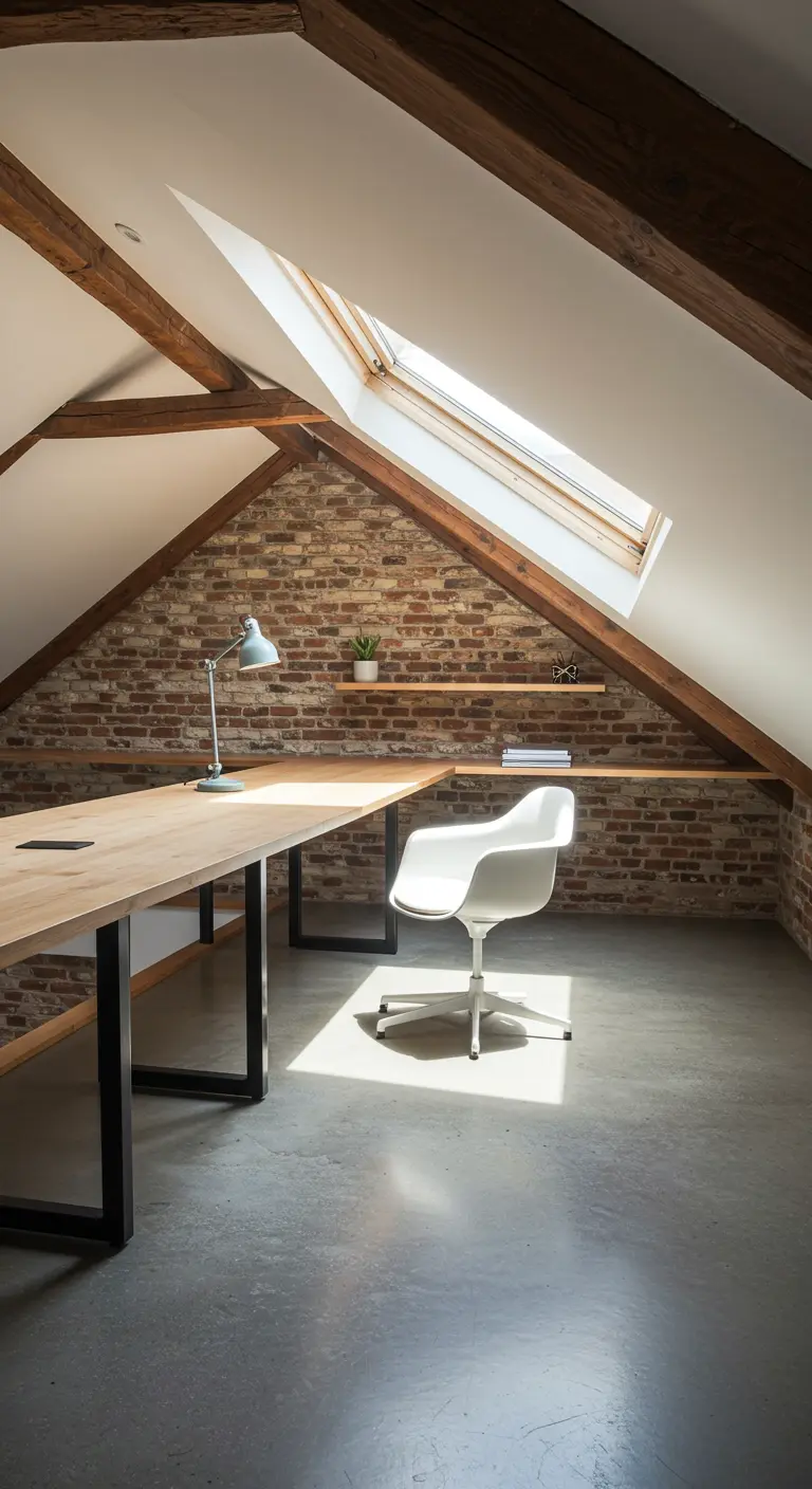 Bureau sous les toits avec poutres apparentes, mur en brique et sol en béton ciré.