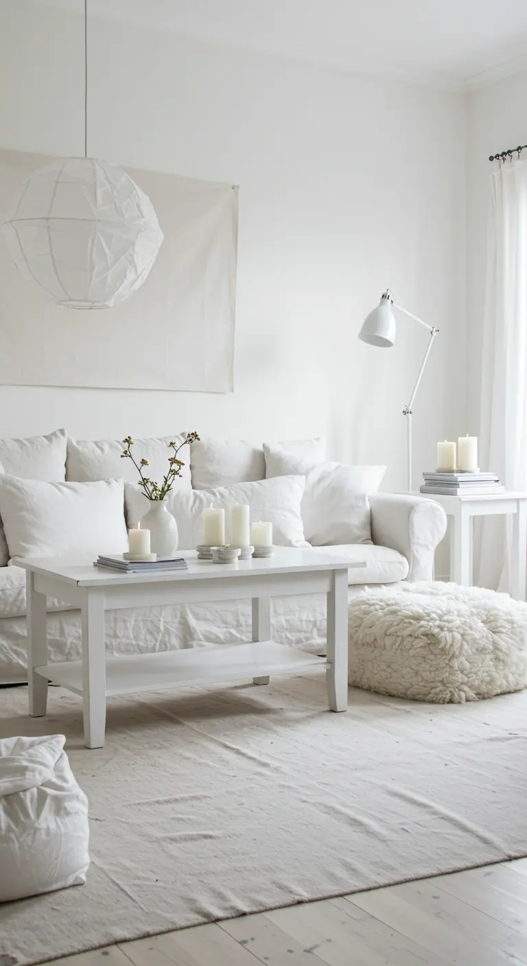 Salon tout blanc avec une grande lanterne en papier et un canapé en lin.