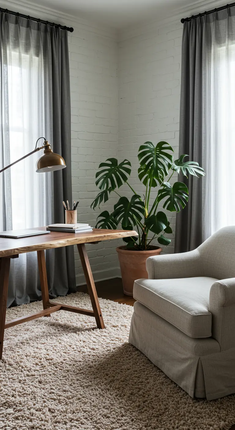 Bureau en bois brut devant un mur de briques blanches, avec un grand Monstera.