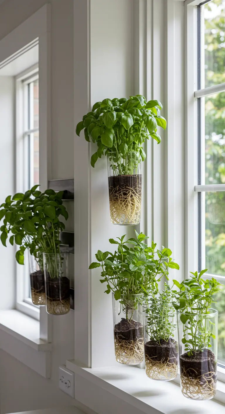 Herbes fraîches dans des pots en verre transparent fixés aux montants d'une fenêtre.
