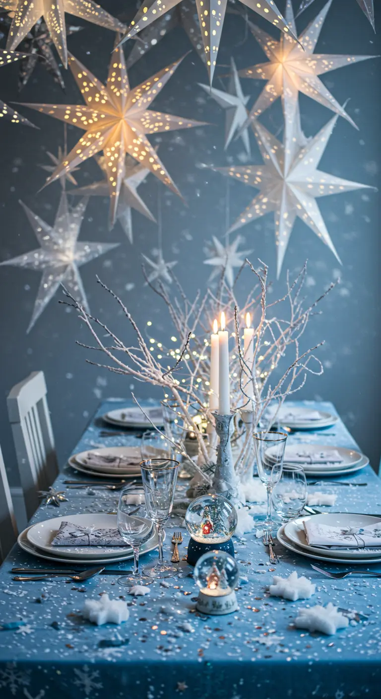 Table de Noël sur le thème de l'hiver avec des boules à neige et des étoiles lumineuses.
