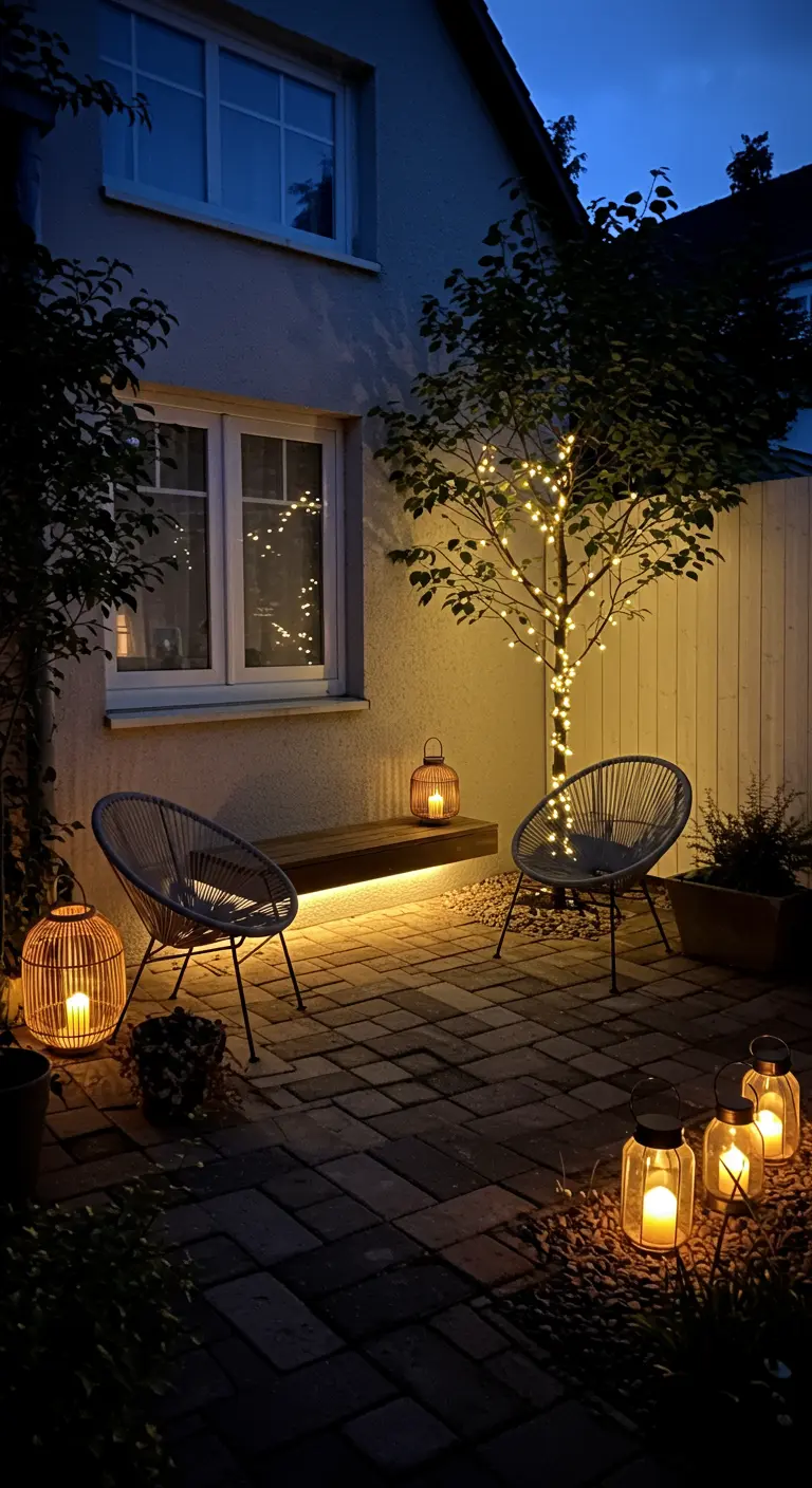 Patio la nuit avec un arbre illuminé de guirlandes et de nombreuses lanternes au sol.