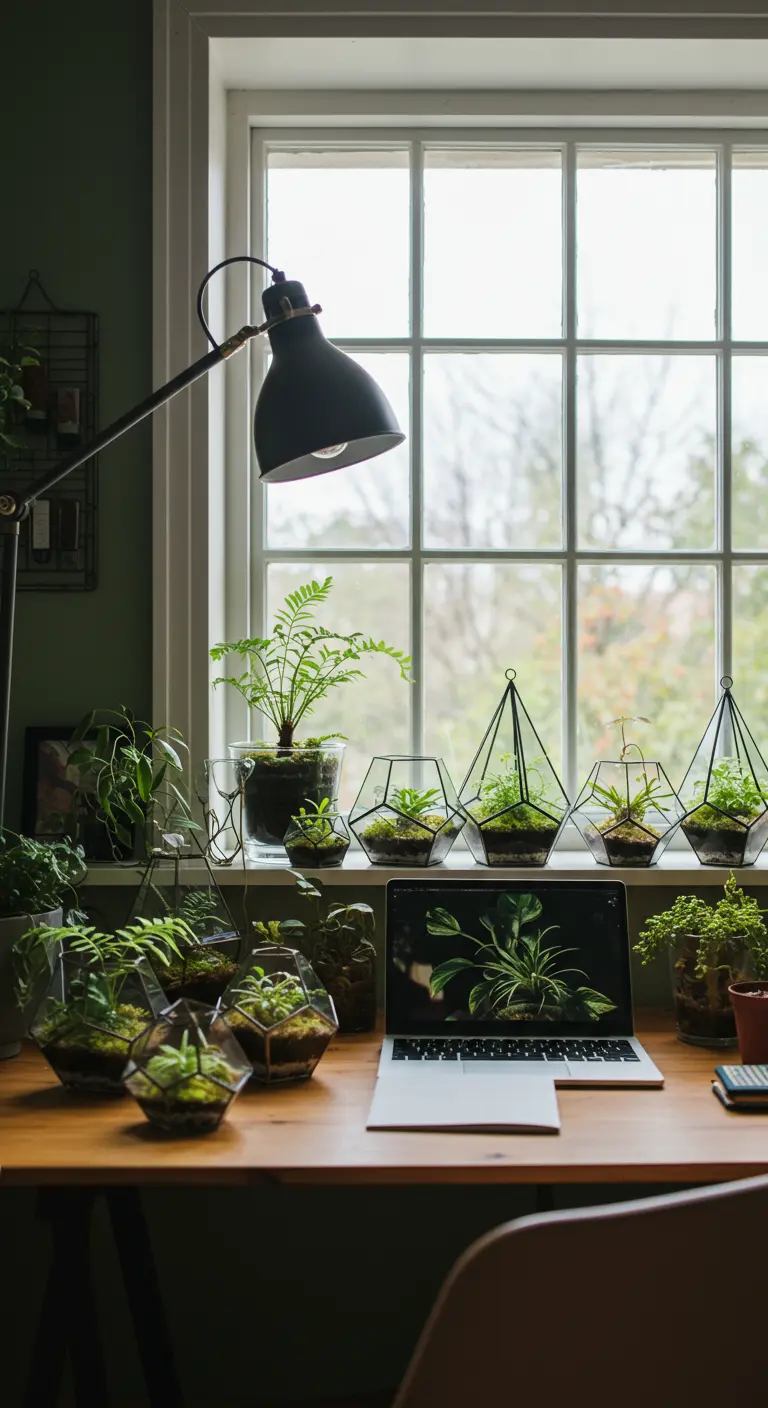 Ligne de terrariums géométriques avec diverses plantes sous une fenêtre, sur un bureau en bois.