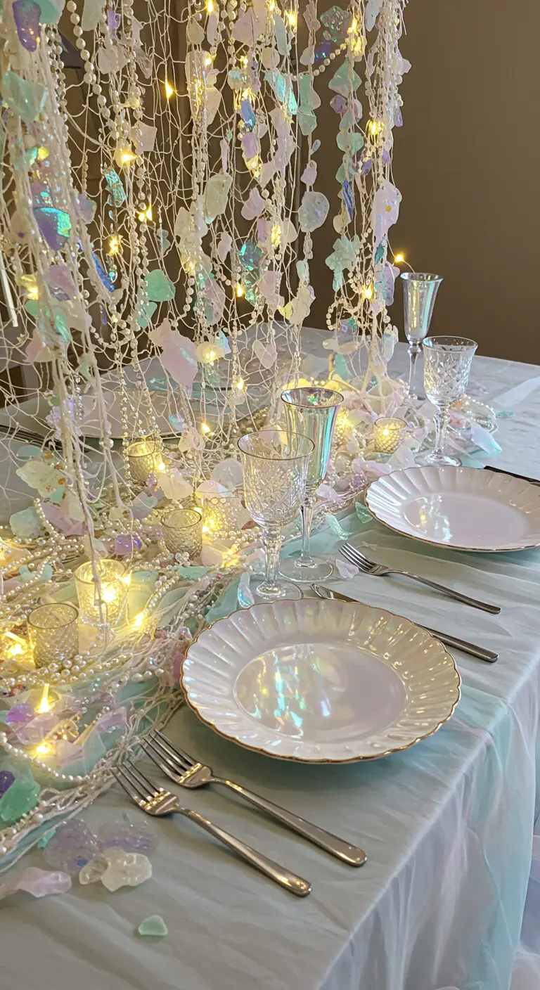Table de fête avec un filet suspendu, des guirlandes lumineuses et de la vaisselle nacrée.