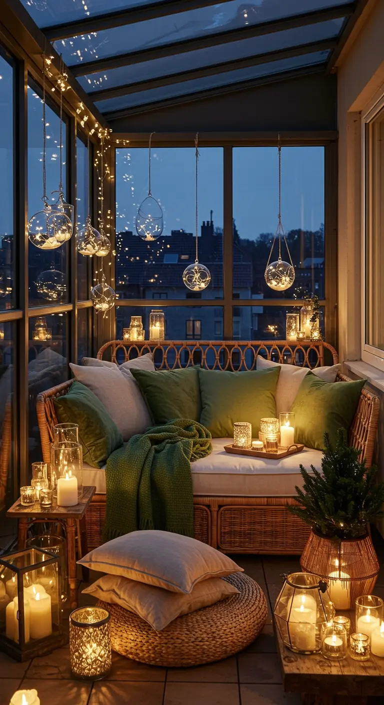 Véranda avec canapé en rotin, coussins verts, et nombreuses bougies et suspensions en verre.