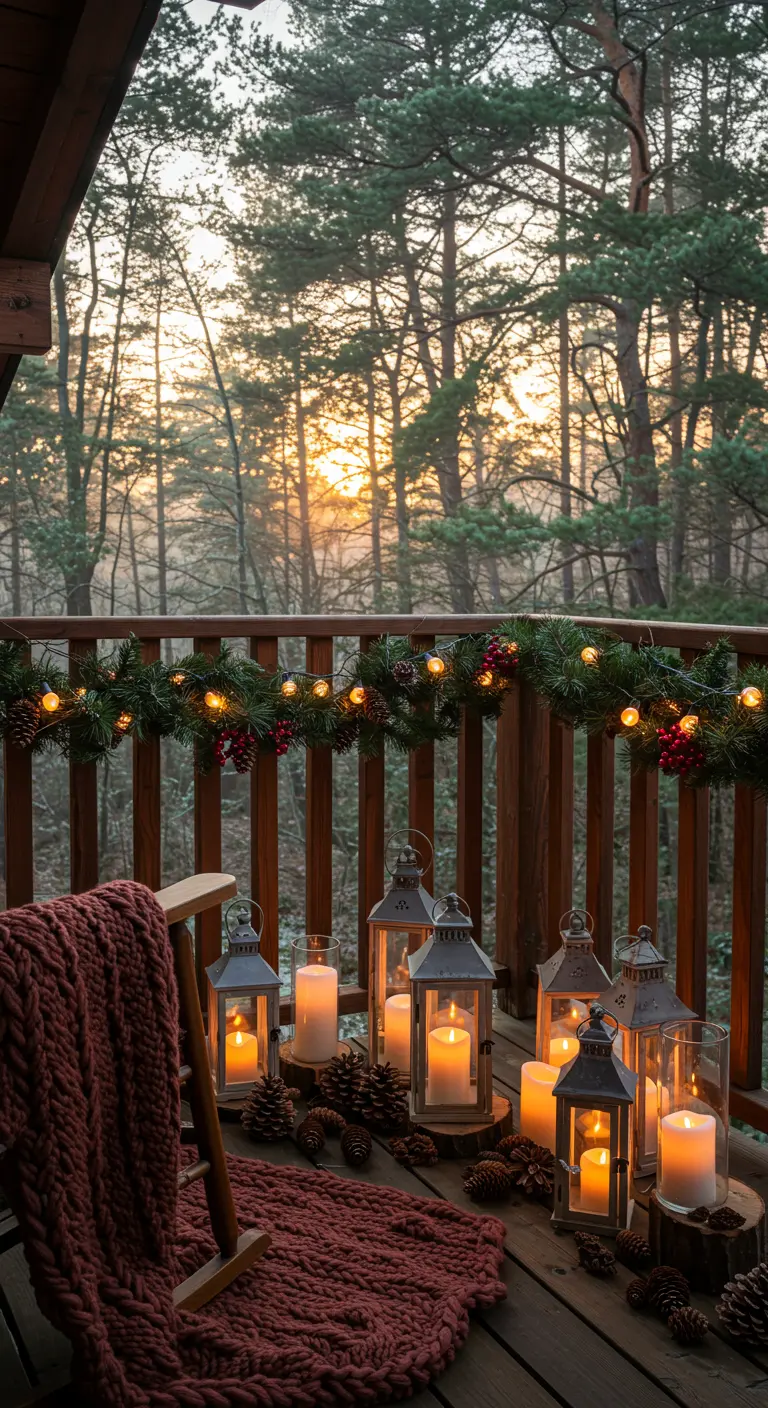 Balcon en forêt avec guirlande de sapin, pommes de pin, plaid en maille et multiples lanternes. 