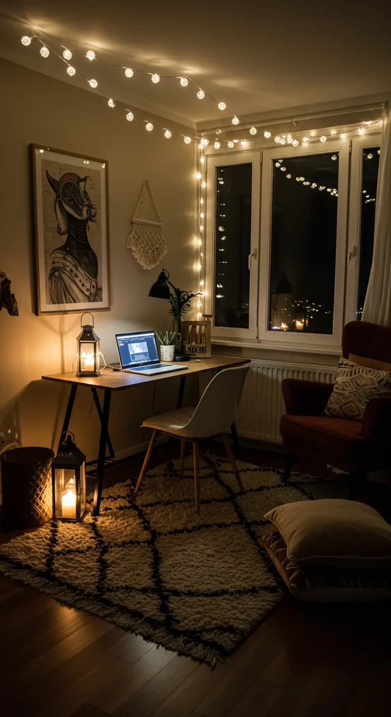 Bureau de nuit éclairé par des guirlandes lumineuses et des lanternes.