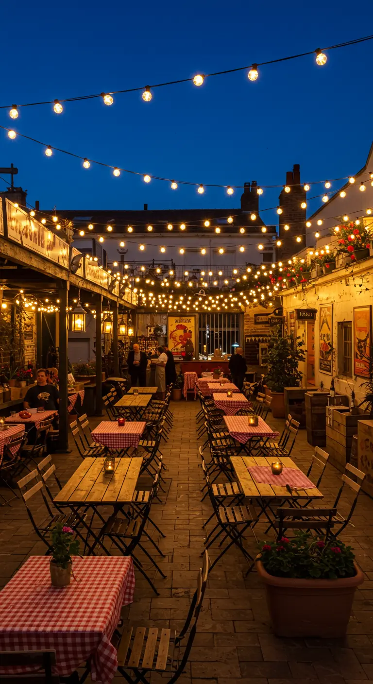 Cour intérieure animée par de nombreuses guirlandes lumineuses en quadrillage et des tables de café.