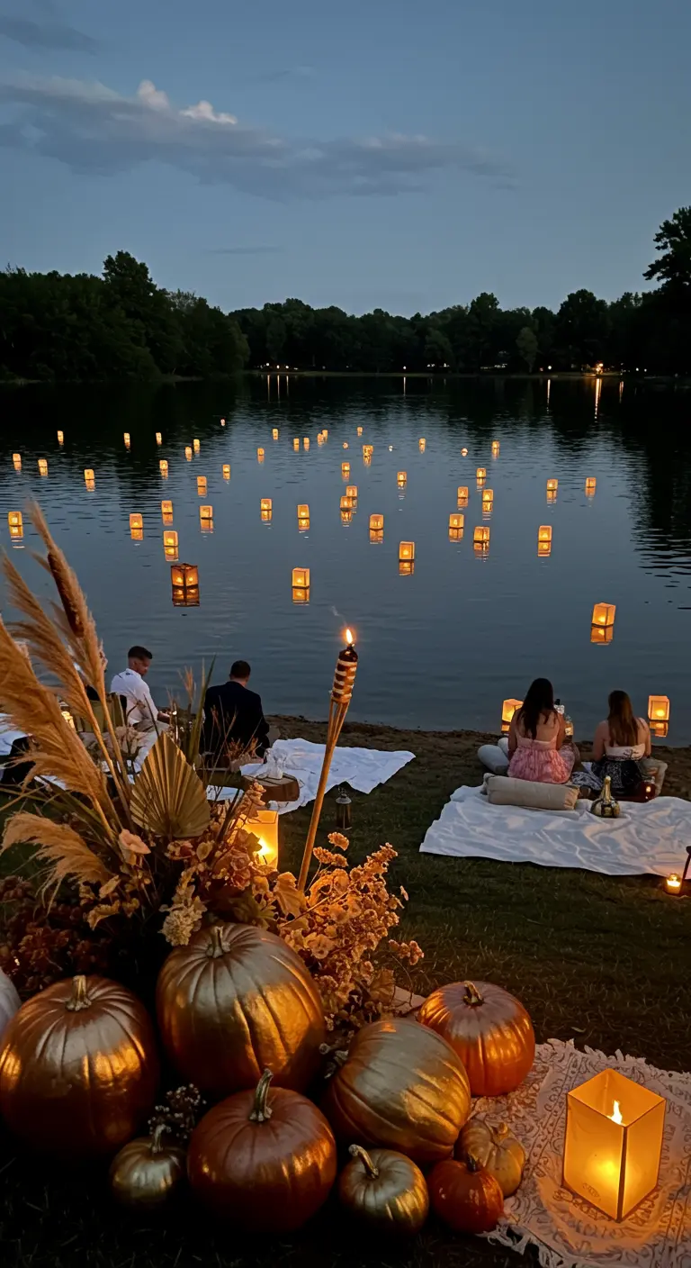 Pique-nique au bord d'un lac avec des lanternes flottant sur l'eau.