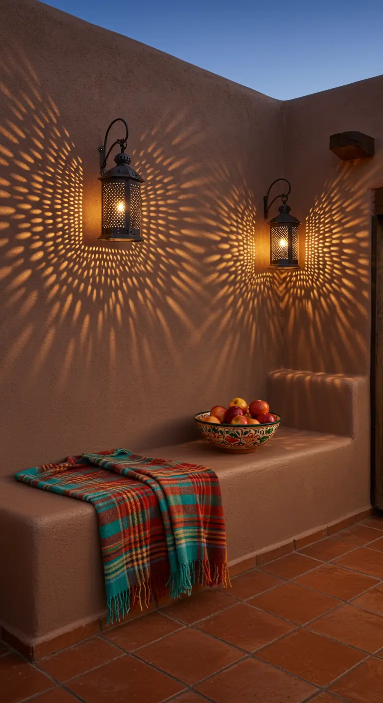 Banc maçonné avec un plaid coloré sous des lanternes marocaines projetant des ombres sur le mur.