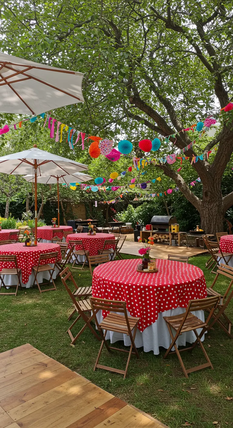 Tables de jardin avec des nappes rouges à pois blancs sous les arbres.