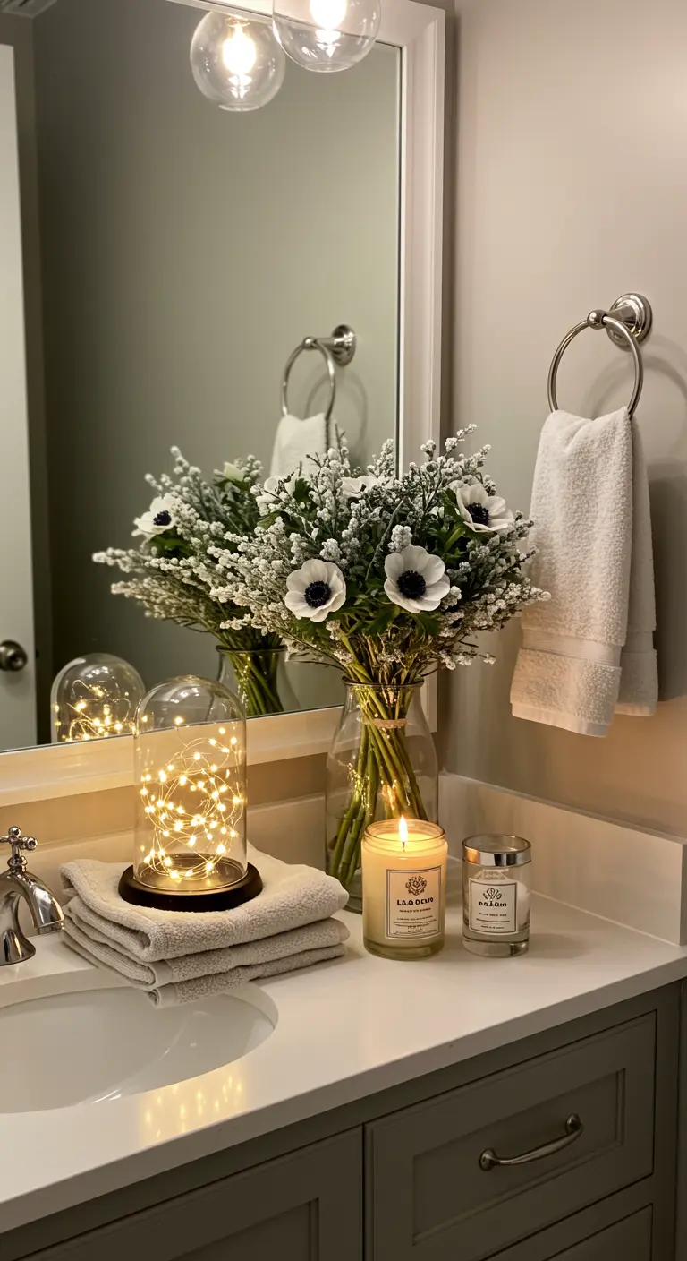 Salle de bain décorée avec une cloche lumineuse, une bougie et un bouquet de fleurs.
